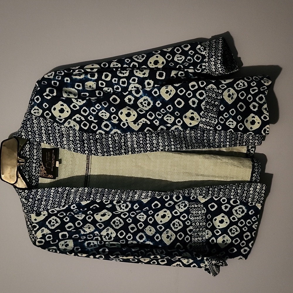 Blue Patterned Open Front Jacket